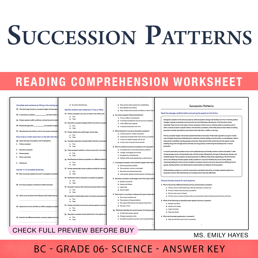 Grade 6 Science worksheet worksheet — 6th Grade Science | Succession Patterns Worksheet (PDF+ Answer Key) — page 1