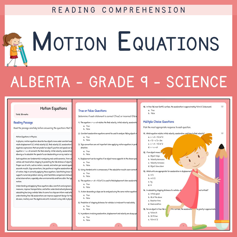 Grade 9 Science worksheet elena worksheet — Grade 9 Science | Motion Equations Worksheet | Alberta Standards — page 1