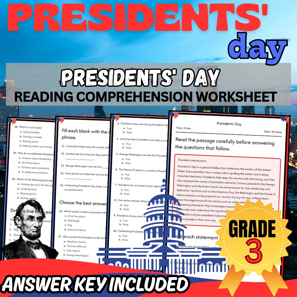 Grade 3 Presidents' Day Bundle Holiday & U.S. History Worksheets for Classrooms — included worksheet 2