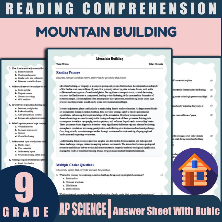 Grade 9 Science reading worksheets worksheet — Grade 9 Science | Mountain Building Reading Worksheet (PDF + Rubric) — page 1
