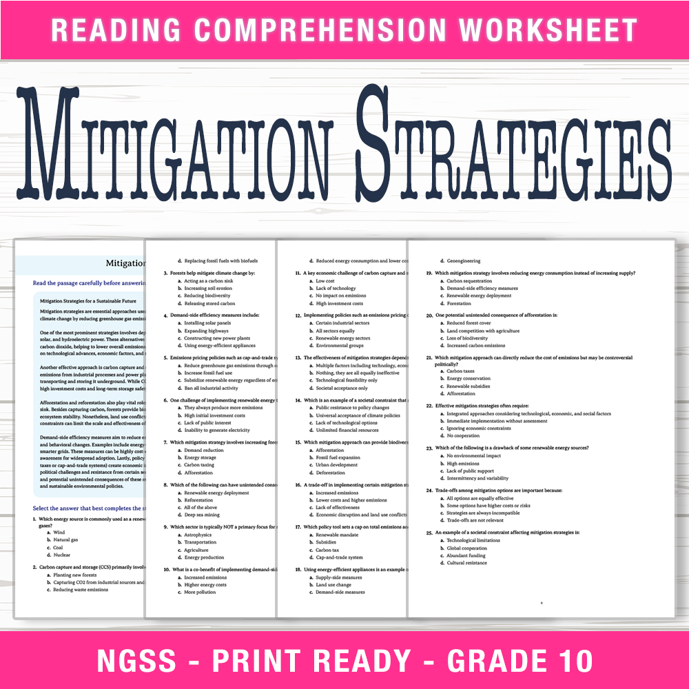 Grade 10 Science worksheet worksheet — Grade 10 Science | Mitigation Strategies Worksheet (PDF + Answer Key) — page 1