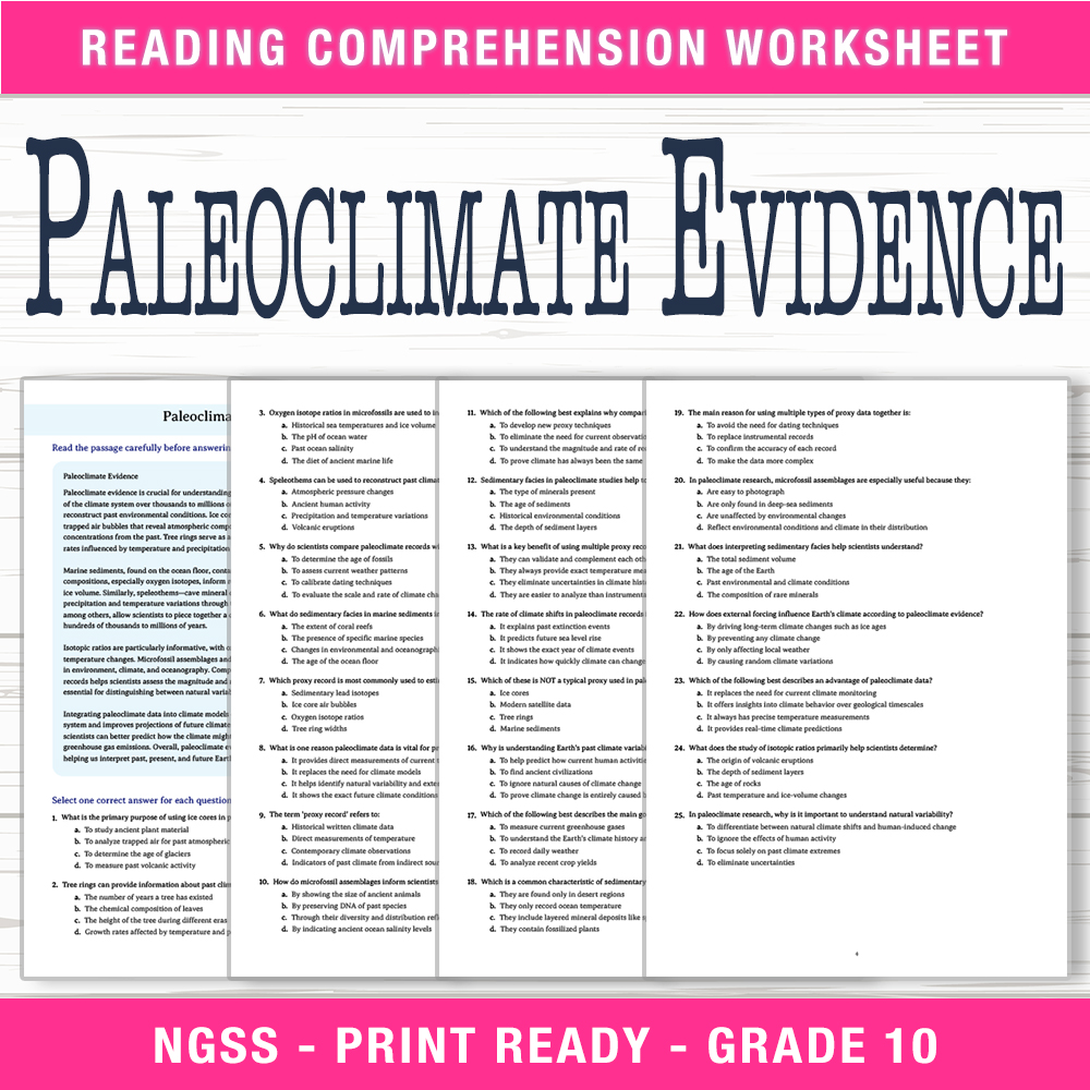Grade 10 Science worksheet worksheet — Grade 10 Science – Paleoclimate Evidence Worksheet (PDF + Answer Key) — page 1
