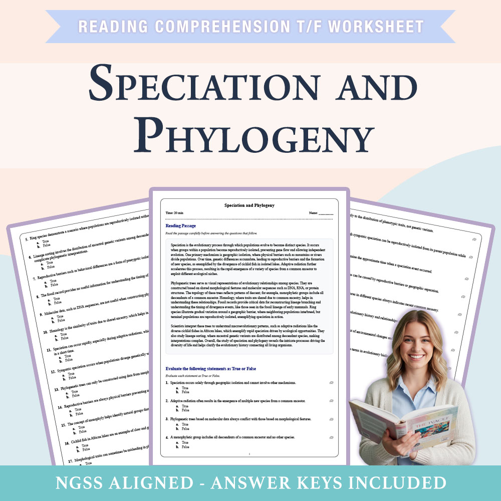 Grade 11 Science reading comprehensions true or false worksheet worksheet — Grade 11 Science | Speciation & Phylogeny Work…