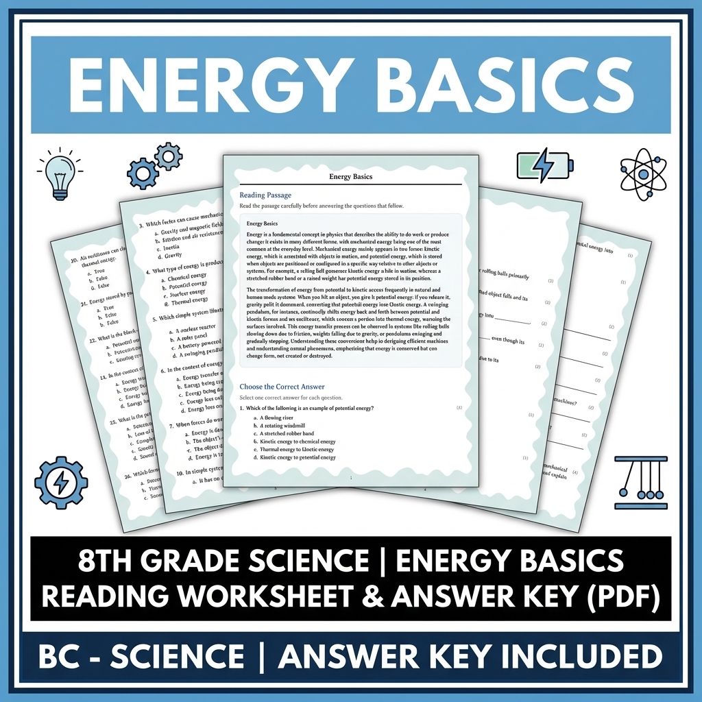 8th Grade Science | Energy Basics Reading Worksheet & Answer Key (PDF)