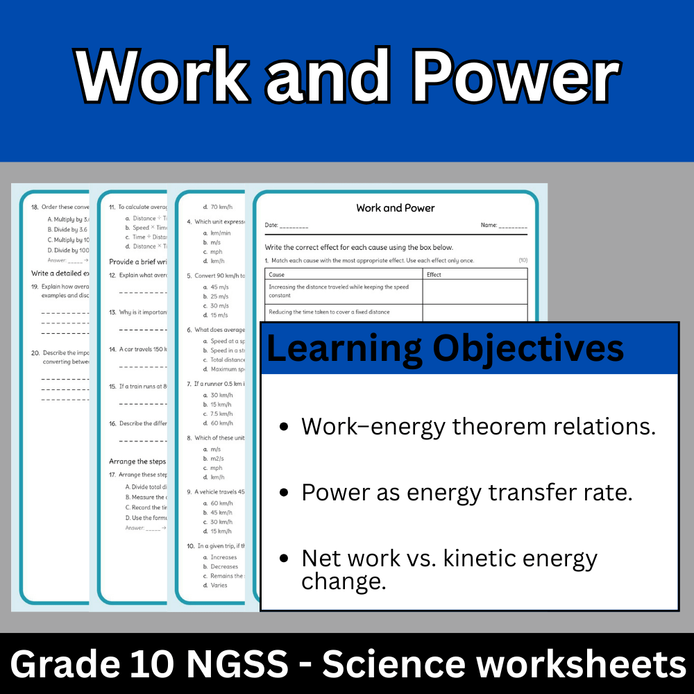 Grade 10 Science | Work and Power NGSS Worksheet (Answer Key) for Engagement