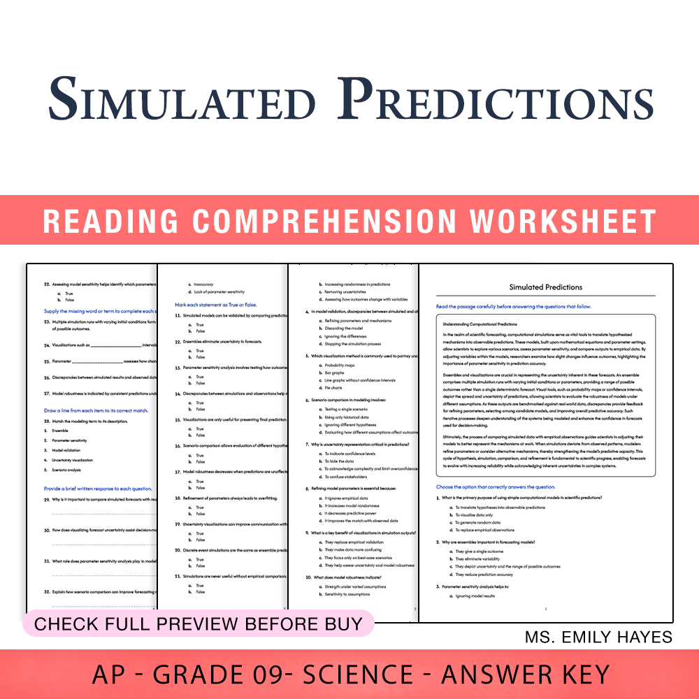 Grade 9 Science worksheet worksheet — 9th Grade Science | Simulated Predictions Worksheet (PDF+ Answer Key) — page 1