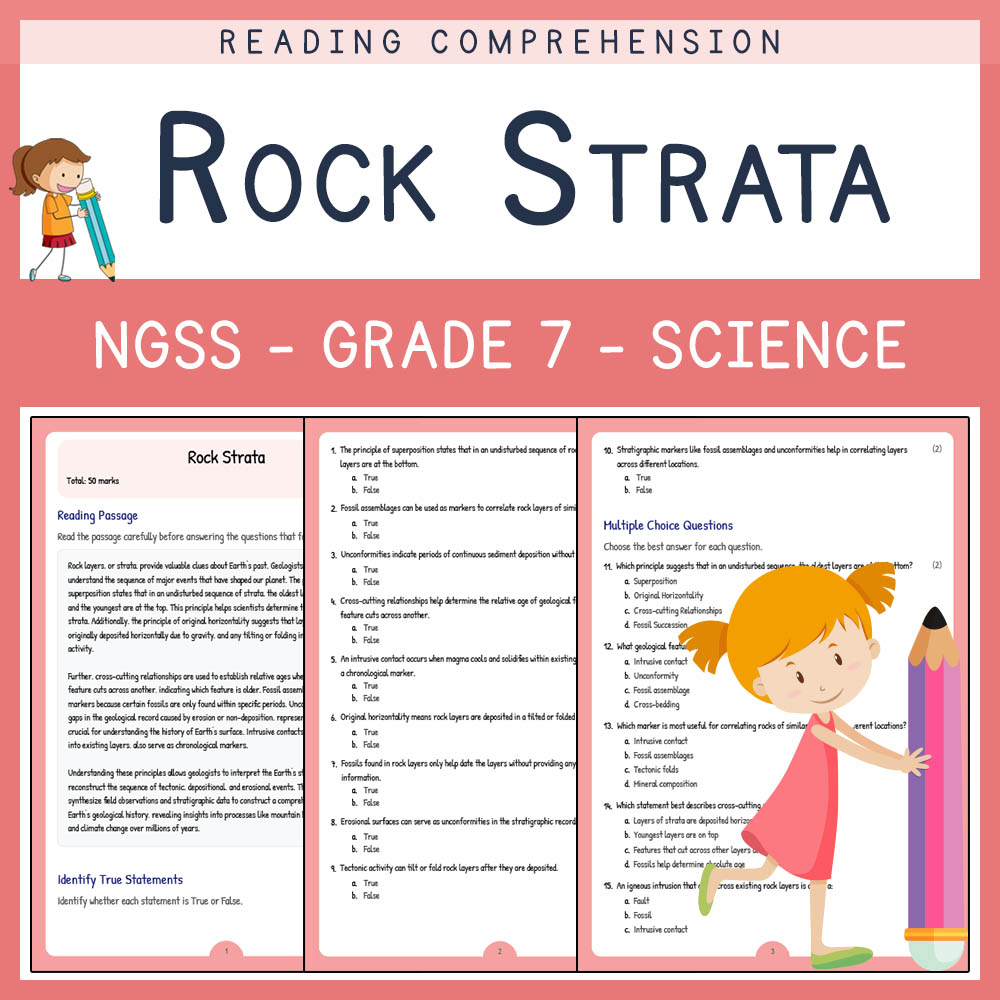 Grade 7 Science worksheet worksheet — Grade 7 Science | Rock Strata Worksheet & Answer Key | NGSS Aligned — page 1
