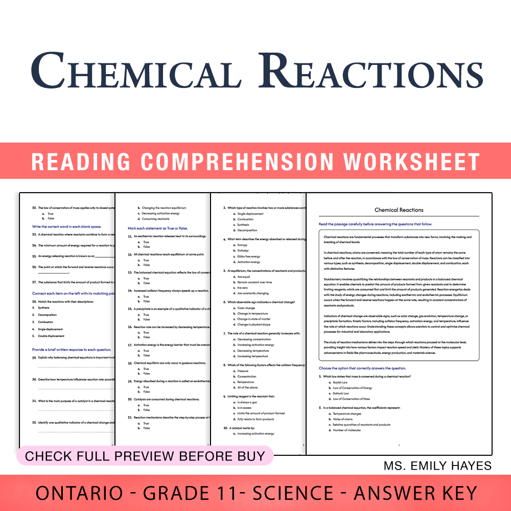 Grade 11 Science worksheet worksheet — 11th Grade Science | Chemical Reactions Worksheet (PDF + Answer Key) — page 1