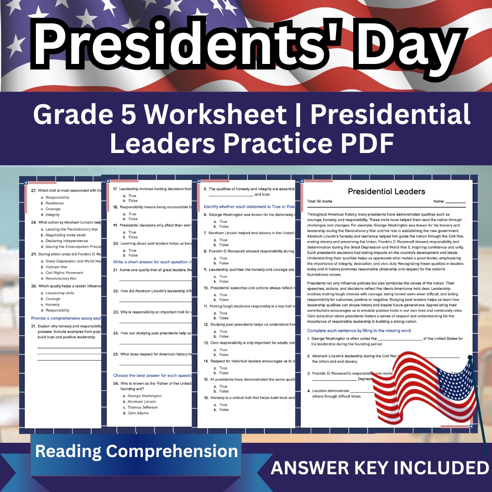 Grade 5 Seasonal Worksheet | Presidential Leaders - Assessment & Student Practice (Printable PDF)