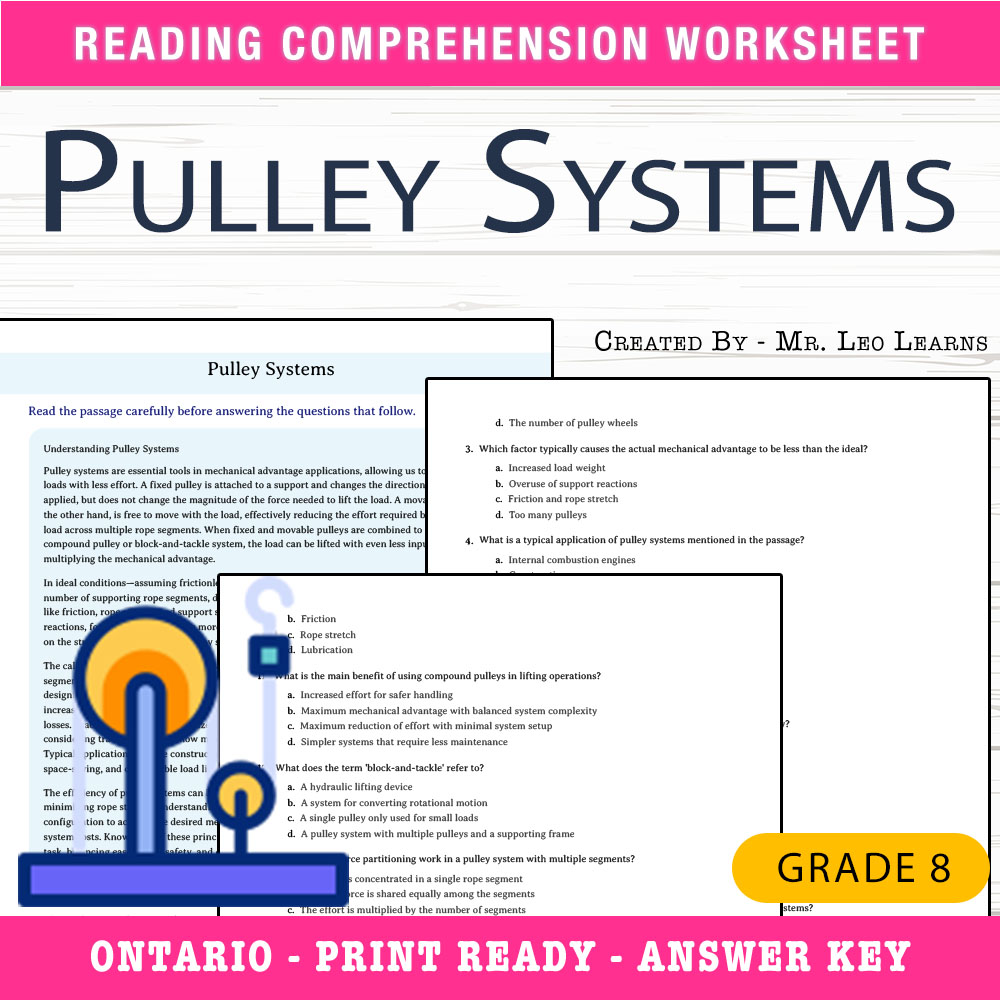 Grade 8 Science worksheet worksheet — Grade 8 Science — Pulley Systems Worksheet for Mastering Mechanical Advantage — page 1