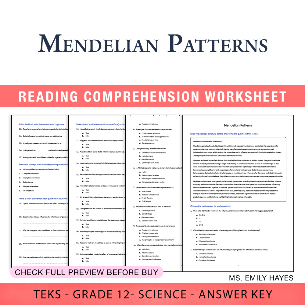 Grade 12 Science worksheet worksheet — 12th Grade Science | Mendelian Patterns Worksheet (PDF+ Answer Key) — page 1