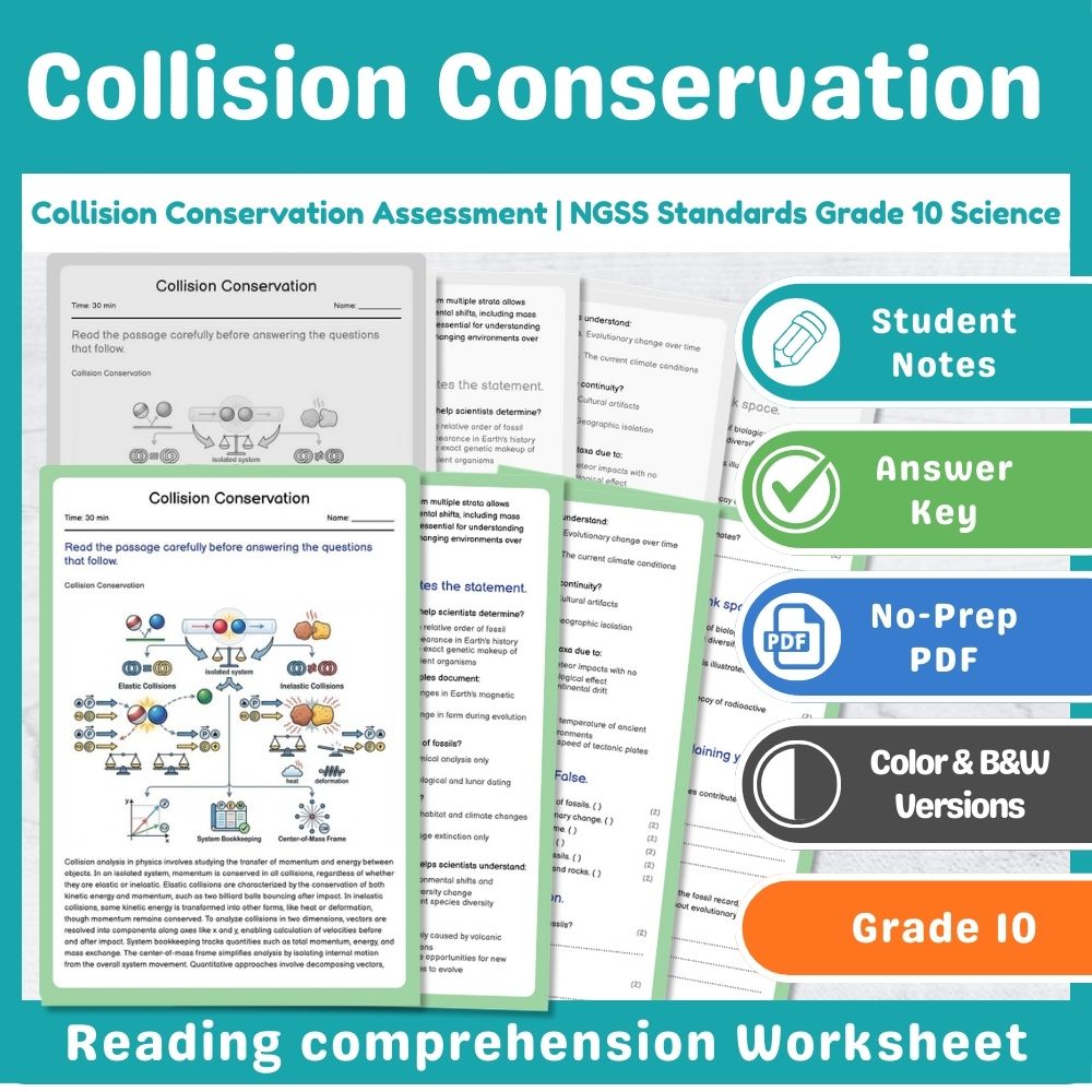 Grade 10 Science assessment worksheet — Collision Conservation Assessment | NGSS Standards Grade 10 Science