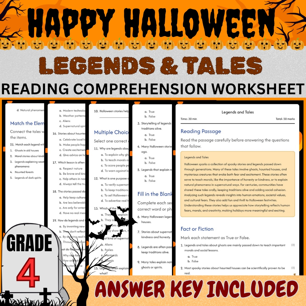 Grade 4 Seasonal halloween day worksheet — Grade 4 Seasonal Halloween Day Worksheet for Legends & Tales | PDF + Answer Key…