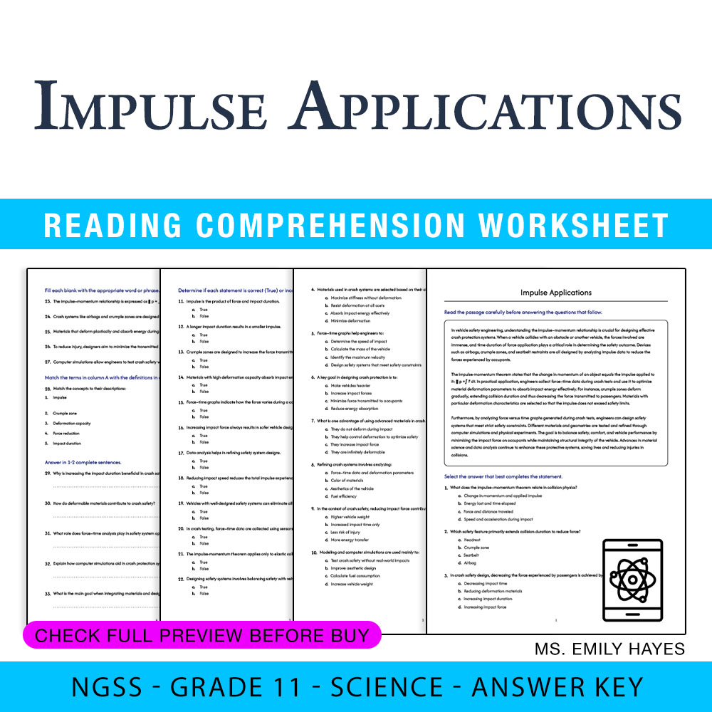Grade 11 Science worksheet worksheet — Grade 11 Science | Impulse Applications Worksheet (PDF+ Answer Key) — page 1