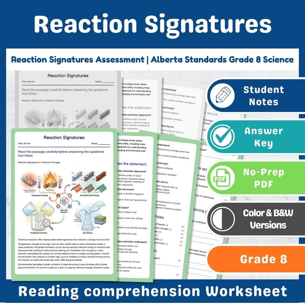 Grade 8 Science assessment worksheet — Reaction Signatures Assessment | Alberta Standards Grade 8 Science — page 1