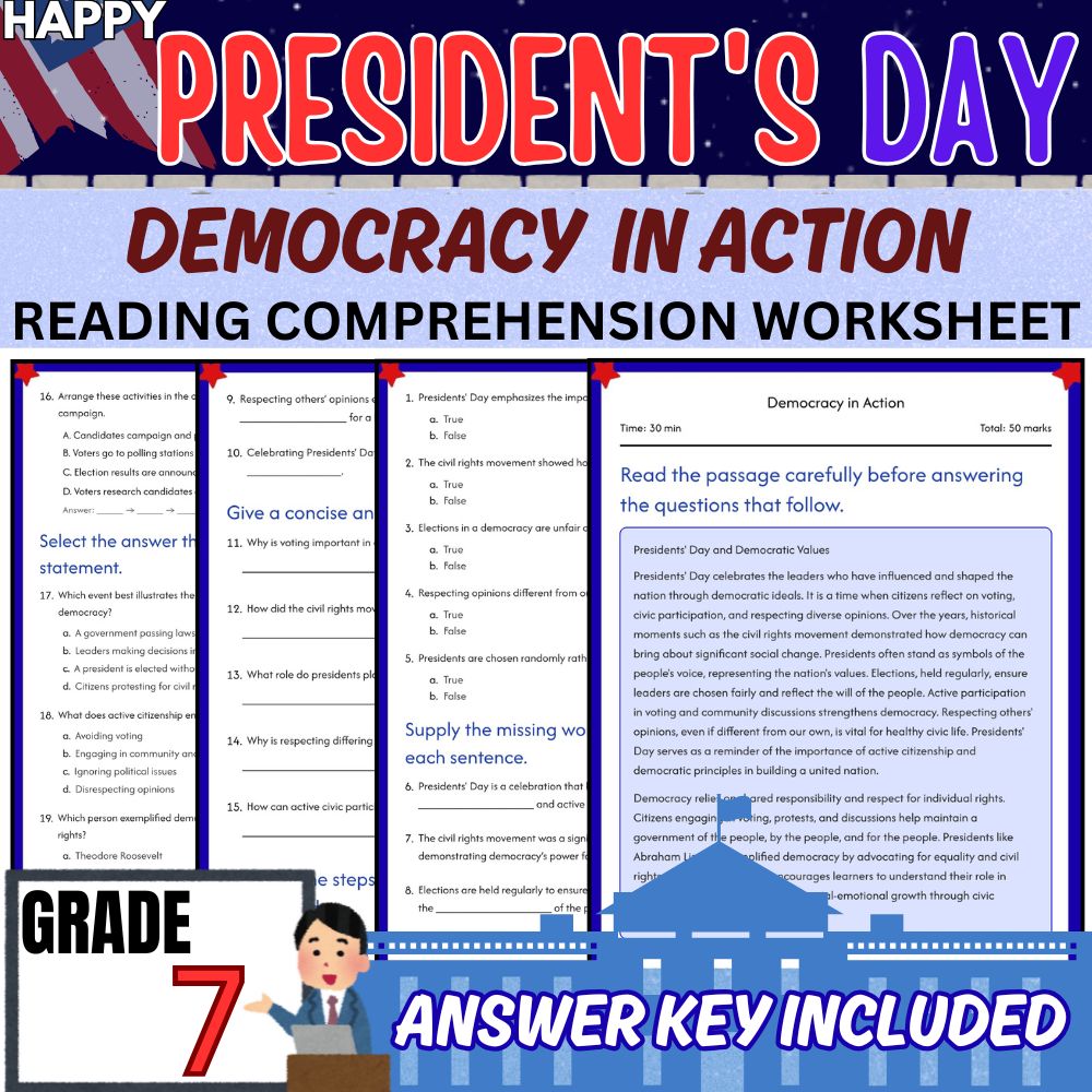 Grade 7 Seasonal Unit | Presidents Day Worksheets Pack (Answer Key Included) — included worksheet 1