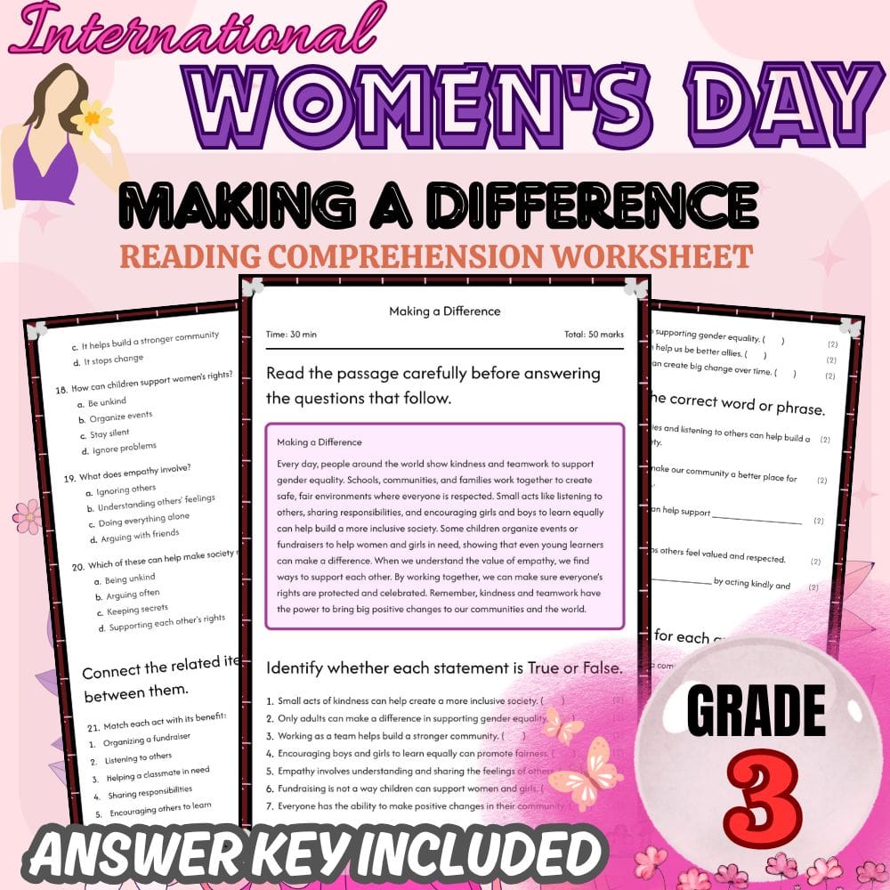 Grade 3 International Women's Day Lesson Bundle for Gender Equality Holiday — included worksheet 1