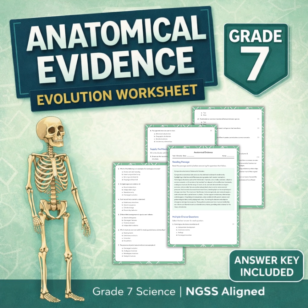 Grade 7 Science | Anatomical Evidence Worksheet (Answer Key) | NGSS Aligned