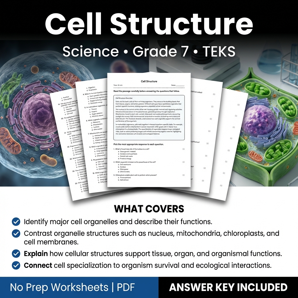 Grade 7 Science Worksheet on Cell Structure | TEKS Aligned Practice