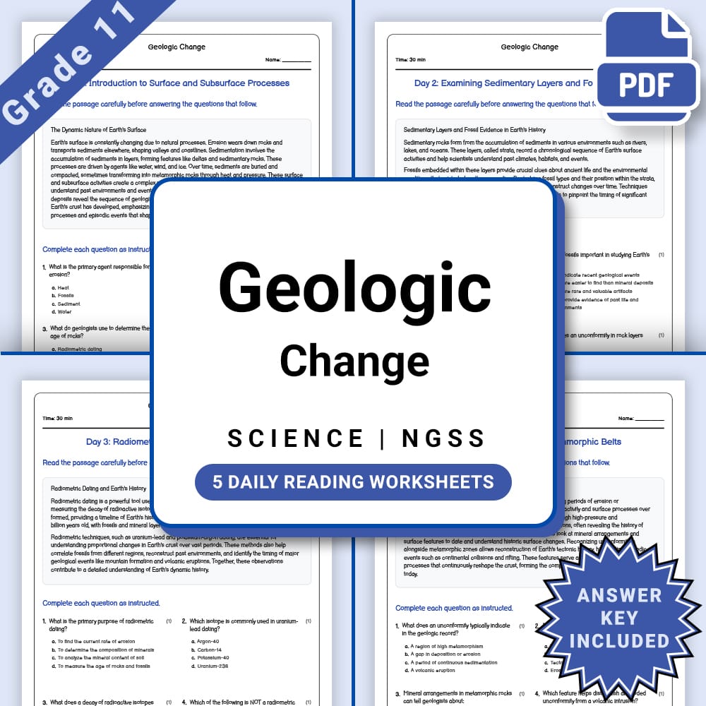 Grade 11 Science daily reading worksheet worksheet — Grade 11 Science – Geologic Change Worksheet(PDF +Answer Key) — page 1