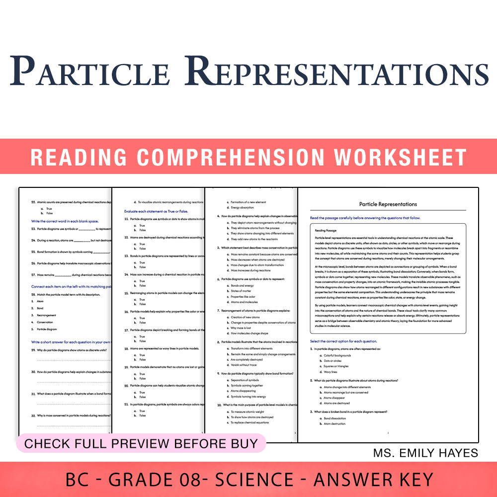 Grade 8 Science worksheet worksheet — 8th Grade Science | Particle Representations Worksheet (PDF+ Answer Key) — page 1