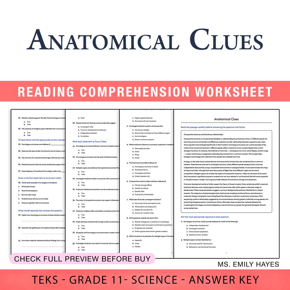Grade 11 Science worksheet worksheet — 11th Grade Science | Anatomical Clues Worksheet (PDF+ Answer Key) — page 1