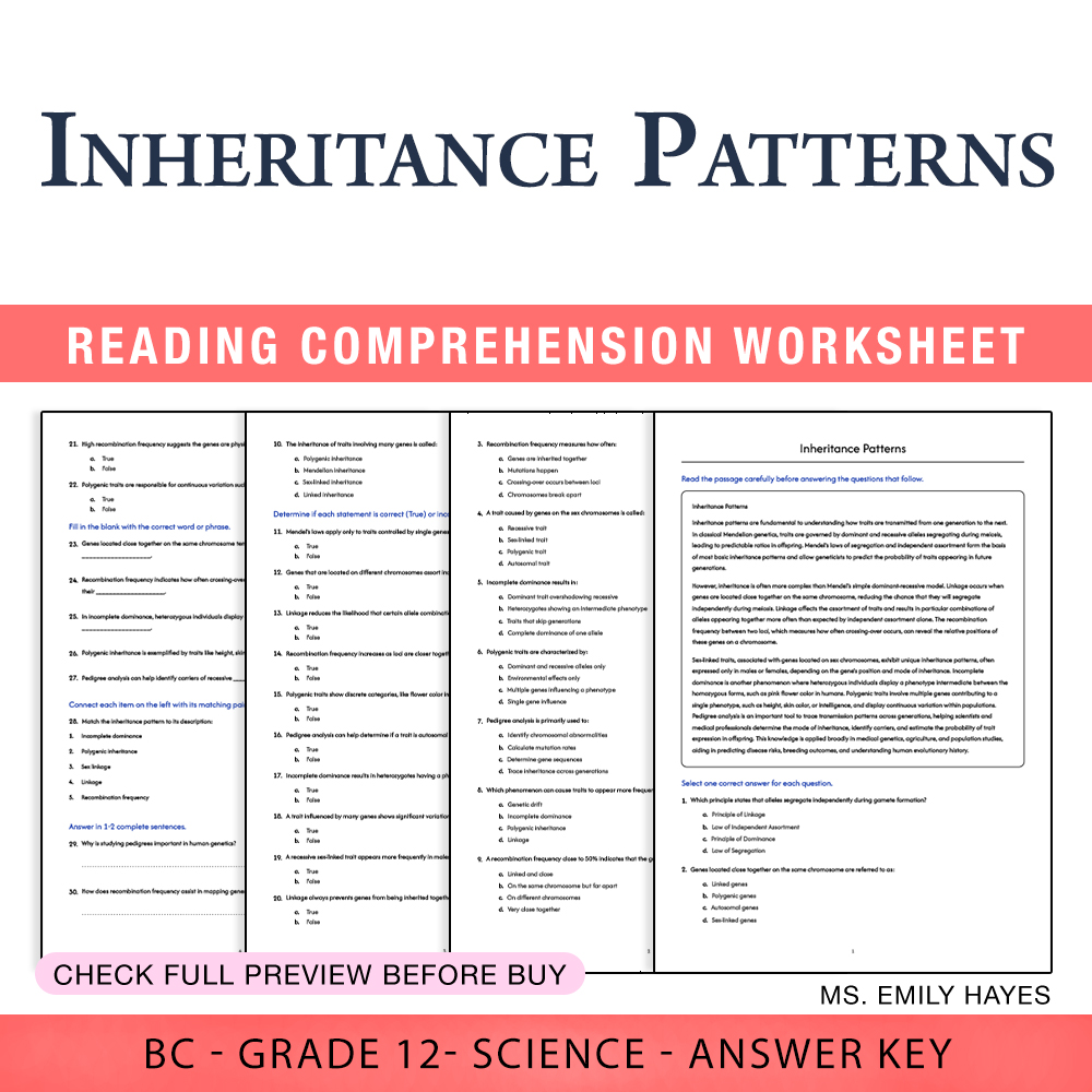 Grade 12 Science worksheet worksheet — 12th Grade Science | Inheritance Patterns Worksheet (PDF + Answer Key) — page 1