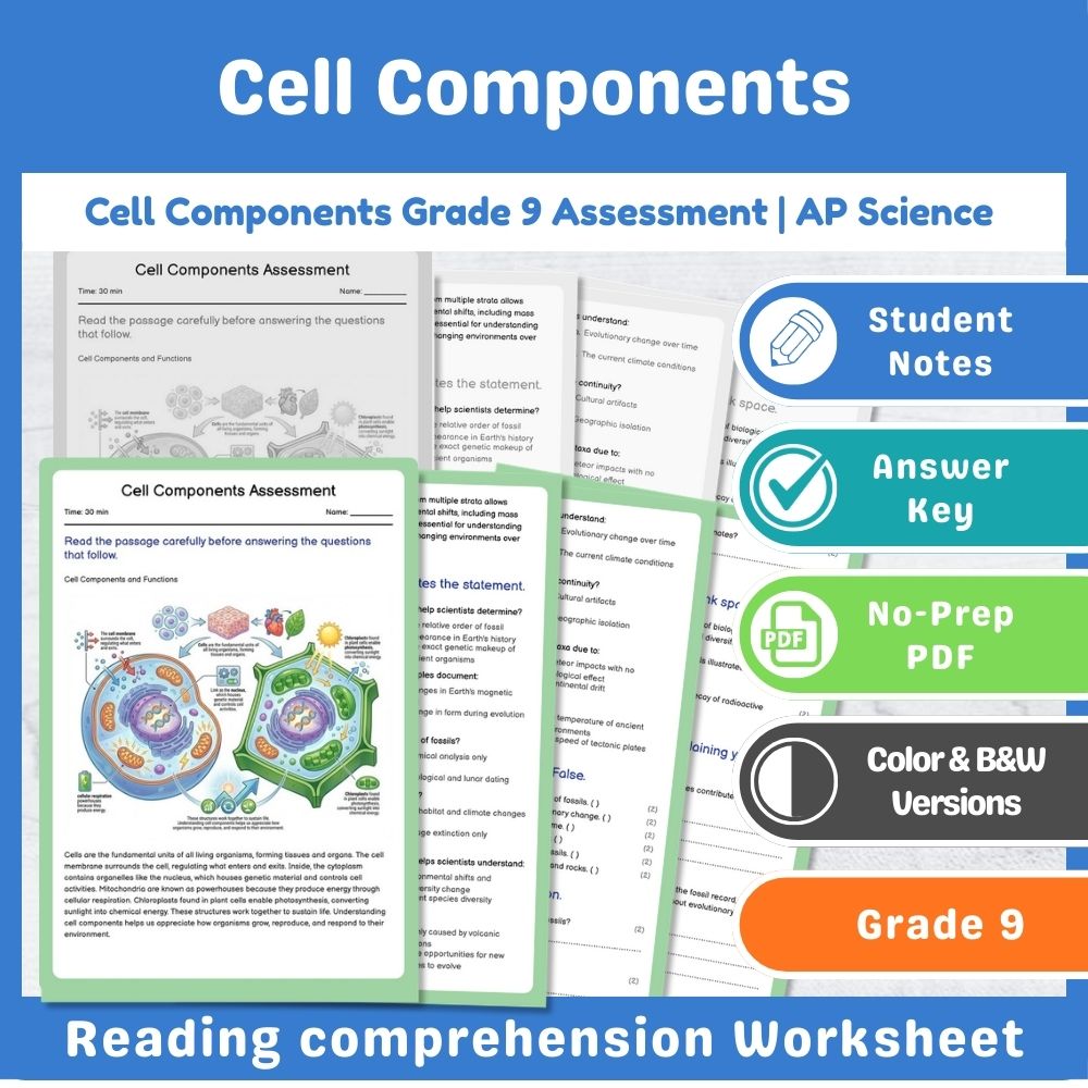 Grade 9 Science assessment worksheet — Cell Components Assessment Worksheet | AP Standards-Aligned Assessment Grade 9 Scie…