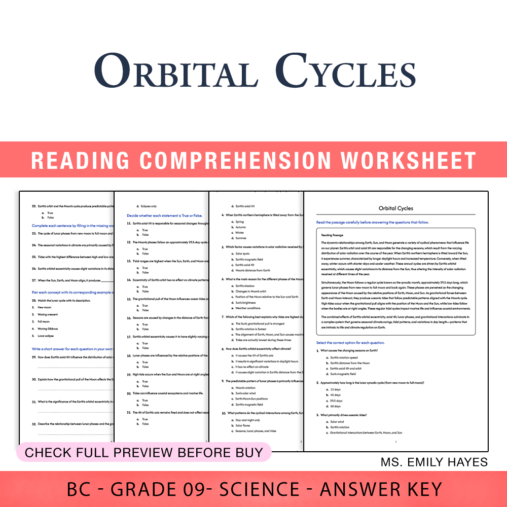 Grade 9 Science worksheet worksheet — Grade 9 Science | Orbital Cycles Worksheet (PDF+ Answer Key) — page 1