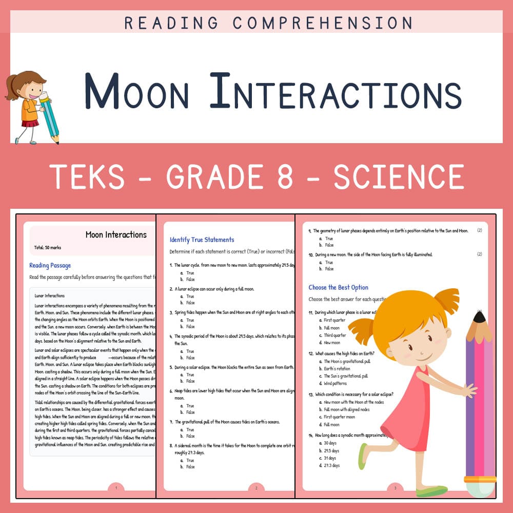 Grade 8 Science worksheet elena worksheet — Grade 8 Science | Moon Interactions Worksheet | TEKS Aligned — page 1