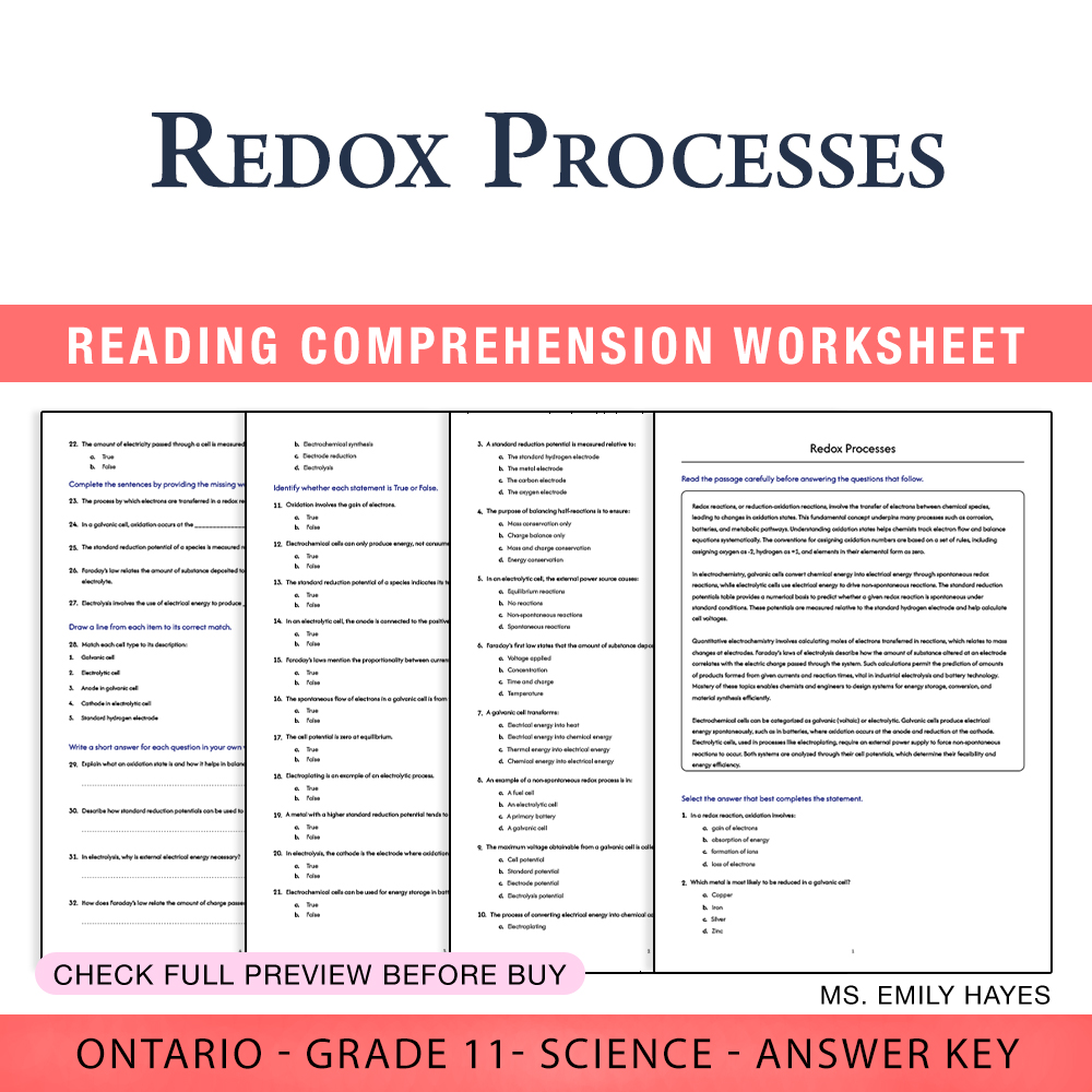 Grade 11 Science worksheet worksheet — 11th Grade Science | Redox Processes Worksheet (PDF + Answer Key) — page 1