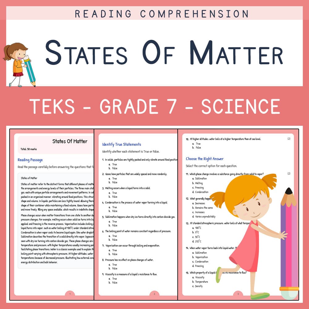 Grade 7 Science worksheet elena worksheet — Grade 7 Science | States Of Matter Worksheet | TEKS-Aligned — page 1