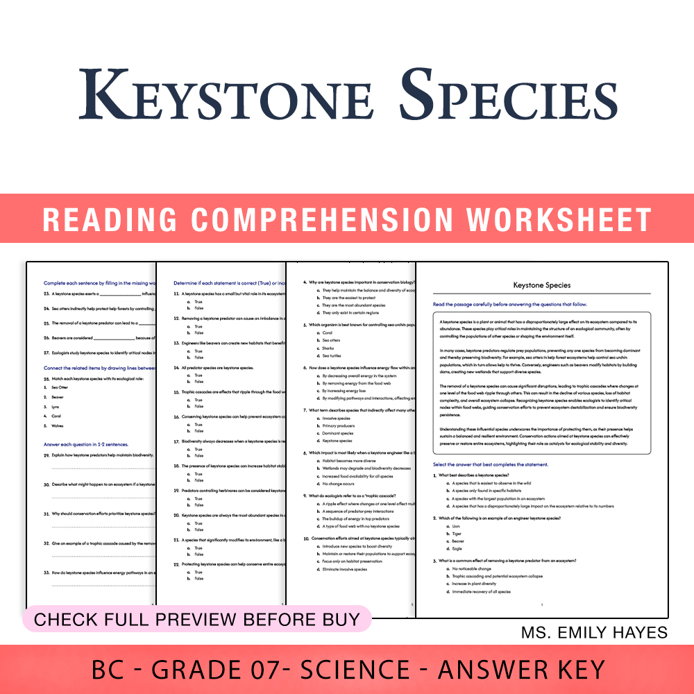 Grade 7 Science worksheet worksheet — 7th Grade Science | Keystone Species Worksheet (PDF+ Answer Key) — page 1