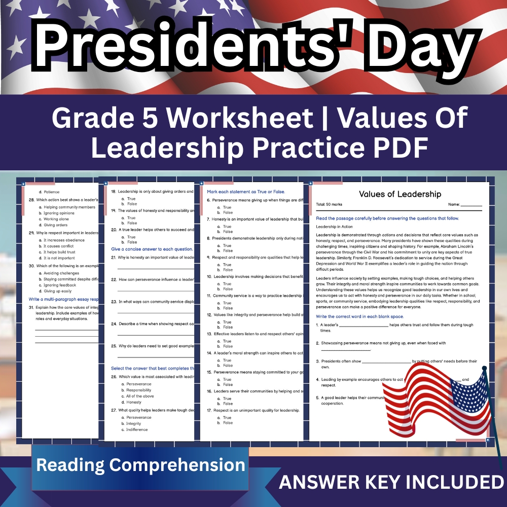 Grade 5 Seasonal Worksheet | Values of Leadership Assessment & Student Practice (Printable PDF)