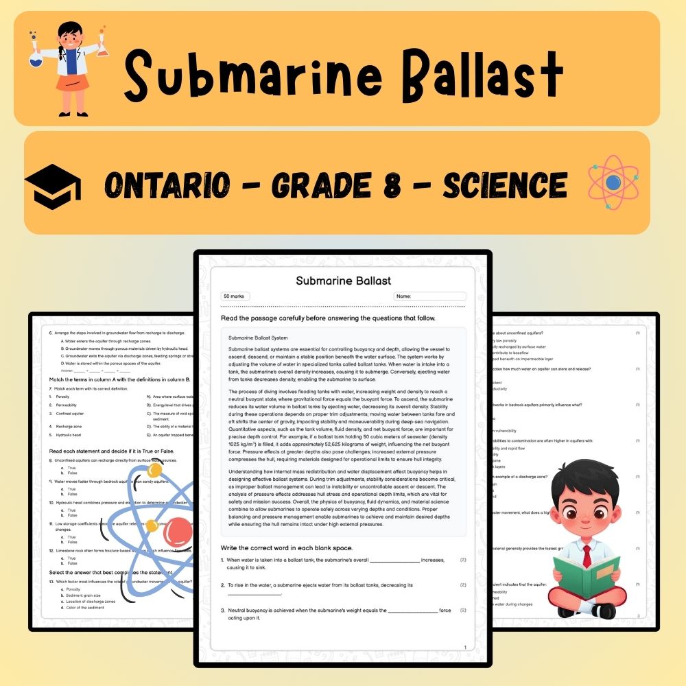 Grade 8 Science worksheet worksheet — Grade 8 Science | Submarine Ballast Systems Worksheet (PDF ) — page 1