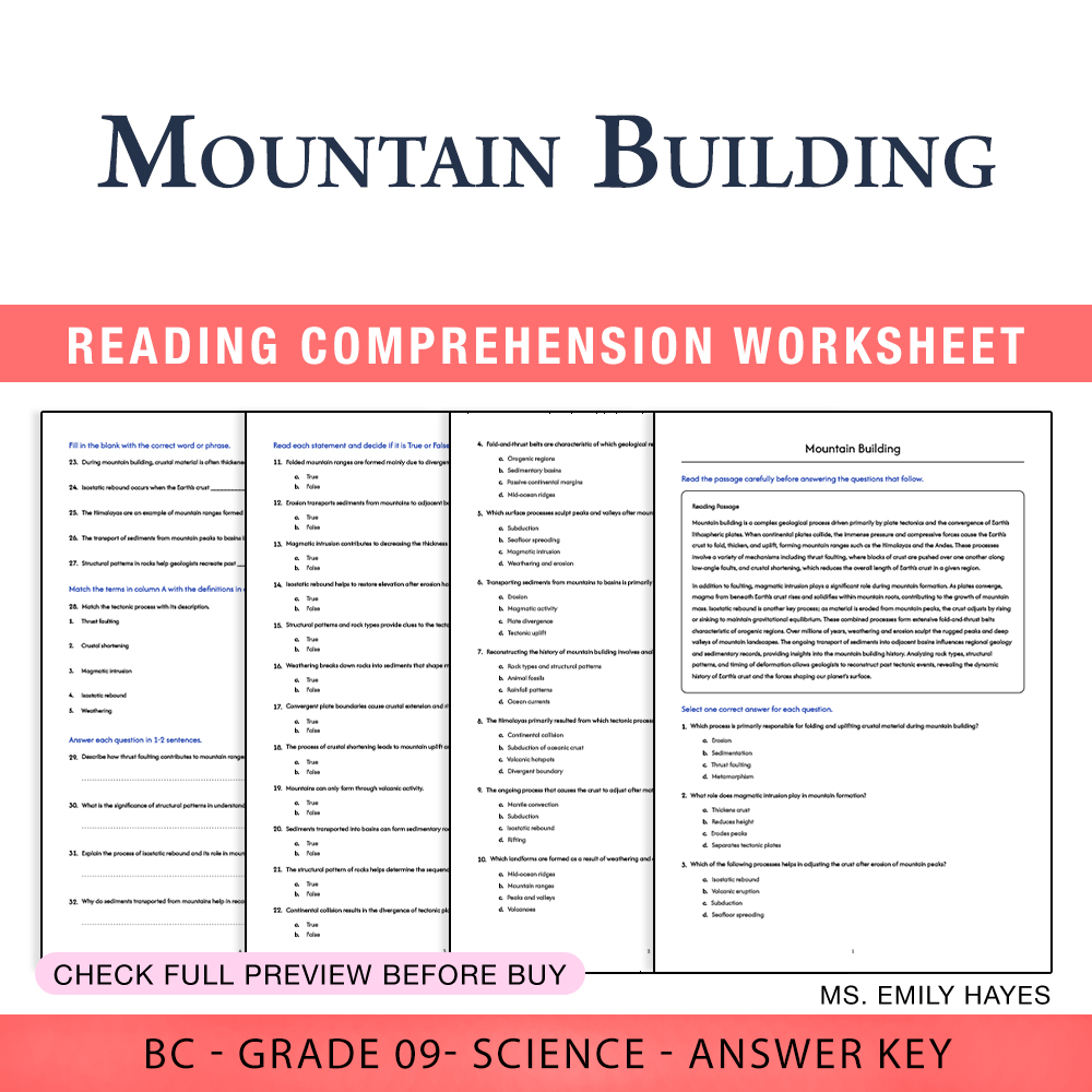 Grade 9 Science worksheet worksheet — 9th Grade Science | Mountain Building Worksheet (PDF+ Answer Key) — page 1