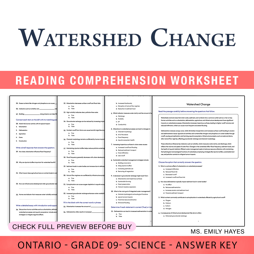 Grade 9 Science worksheet worksheet — Grade 9 Science | Watershed Change Worksheet (PDF + Answer Key) — page 1