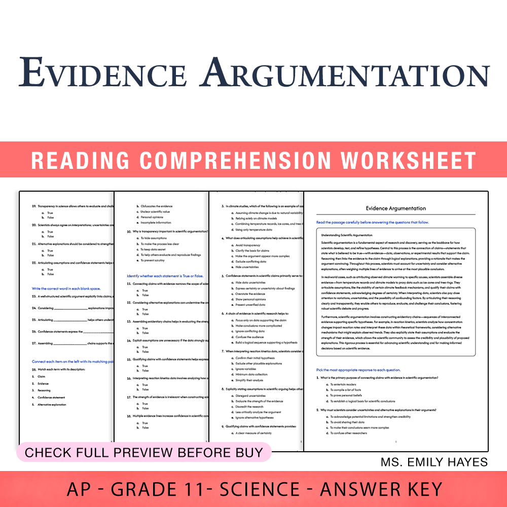 Grade 11 Science worksheet assessment worksheet — Grade 11 Science | Evidence Argumentation Worksheet (PDF+ Answer Key) —…