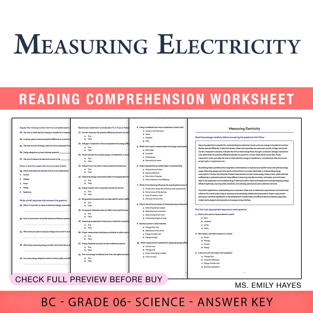 Grade 6 Science worksheet worksheet — Grade 6 Science | Measuring Electricity Worksheet (PDF+ Answer Key) — page 1
