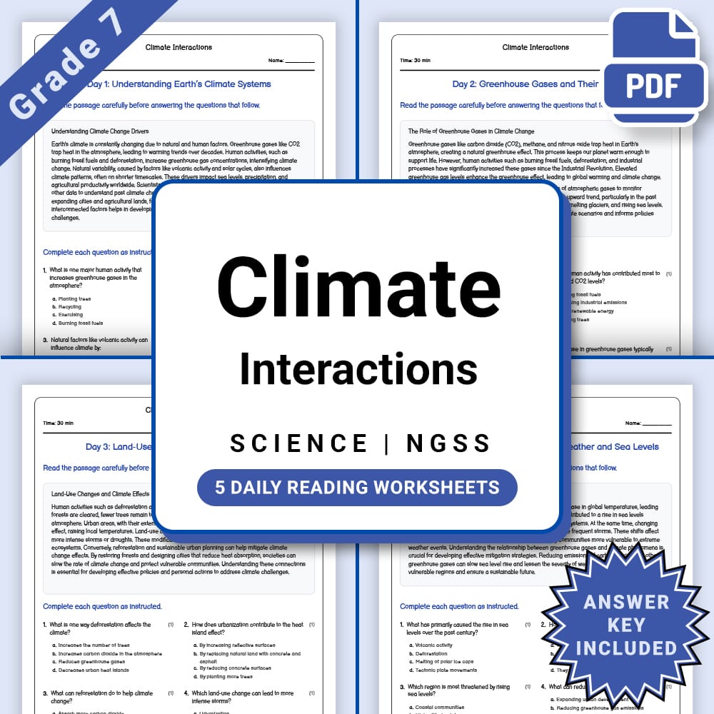 Grade 7 Science daily reading worksheet worksheet — Grade 7 Science – Climate Interactions Worksheet(PDF + Answer Key) — p…