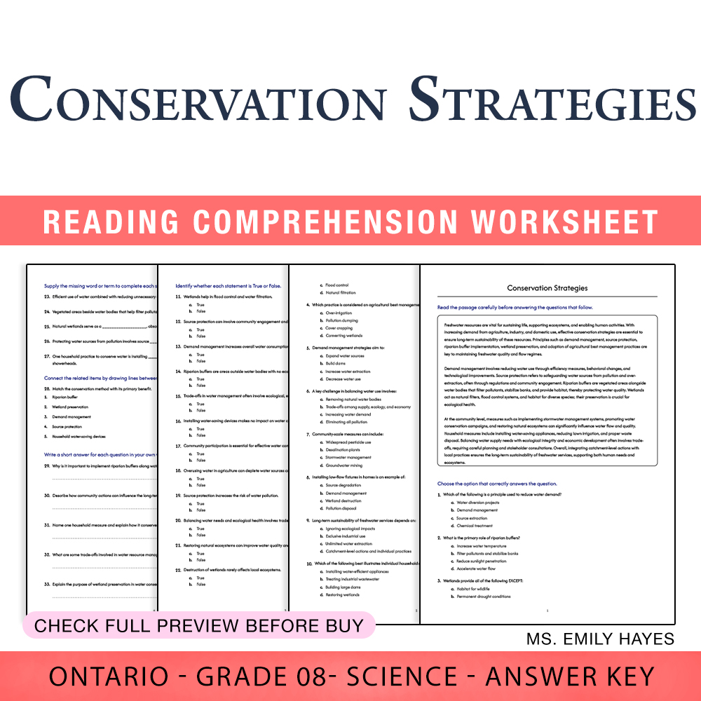 Grade 8 Science worksheet worksheet — Grade 8 Science | Conservation Strategies Worksheet (PDF+ Answer Key) — page 1