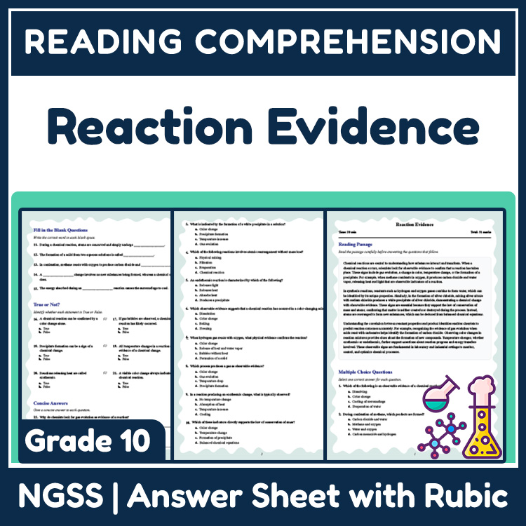 Grade 10 Science reading worksheets worksheet — 10th Grade Science | Reaction Evidence Reading Worksheet (PDF & Rubric) —…