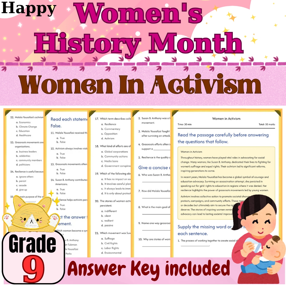 Grade 9 Social Studies – Women in Activism Worksheet for Mastery |PDF+Answer Key