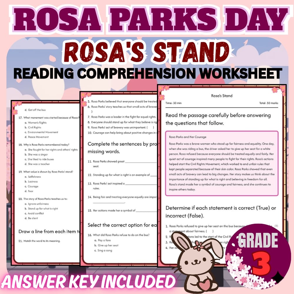Grade 3 | Rosa Parks Day Worksheet for Mastering Civil Rights | PDF + Answer Key
