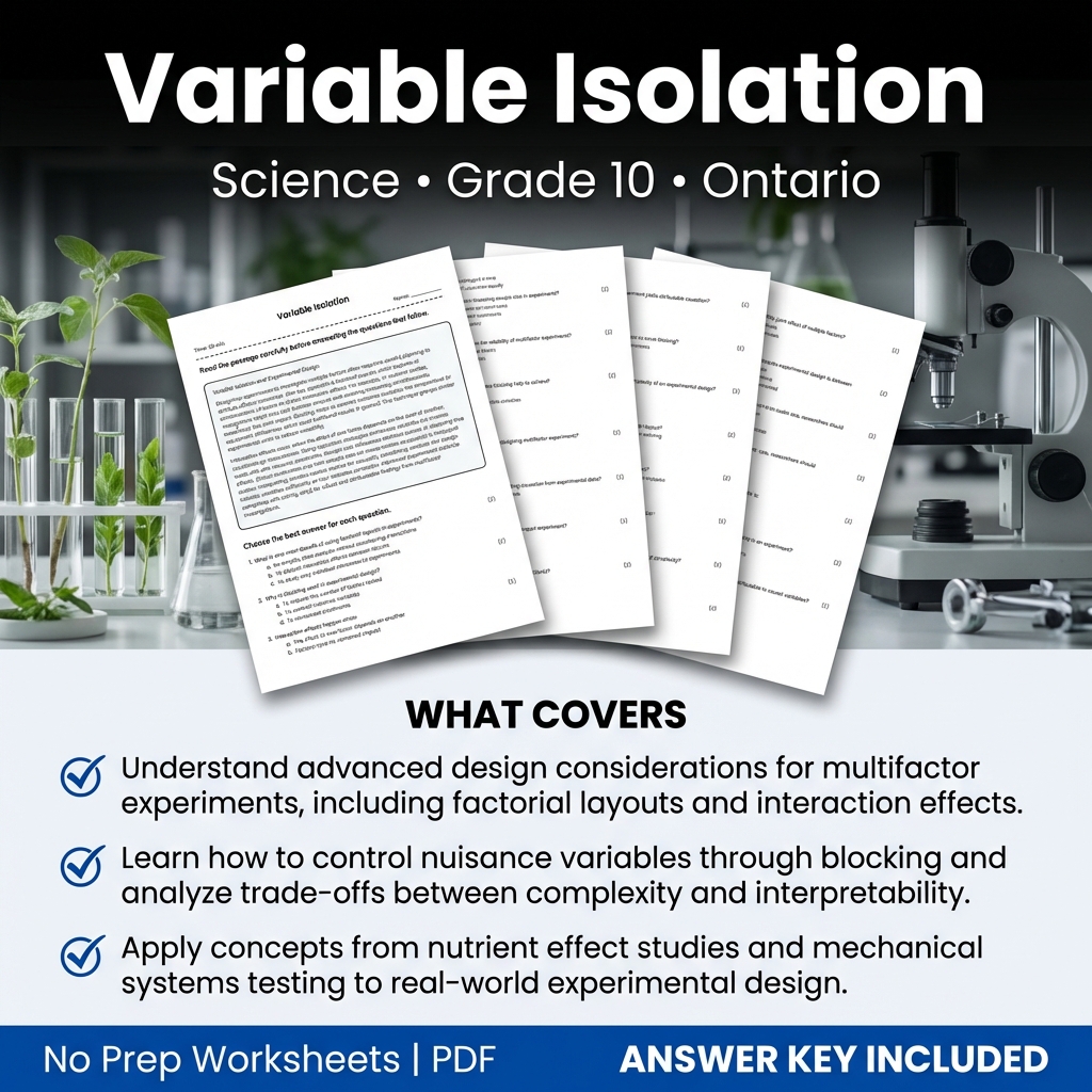 Grade 10 Science Worksheet on Variable Isolation | Ontario Standards