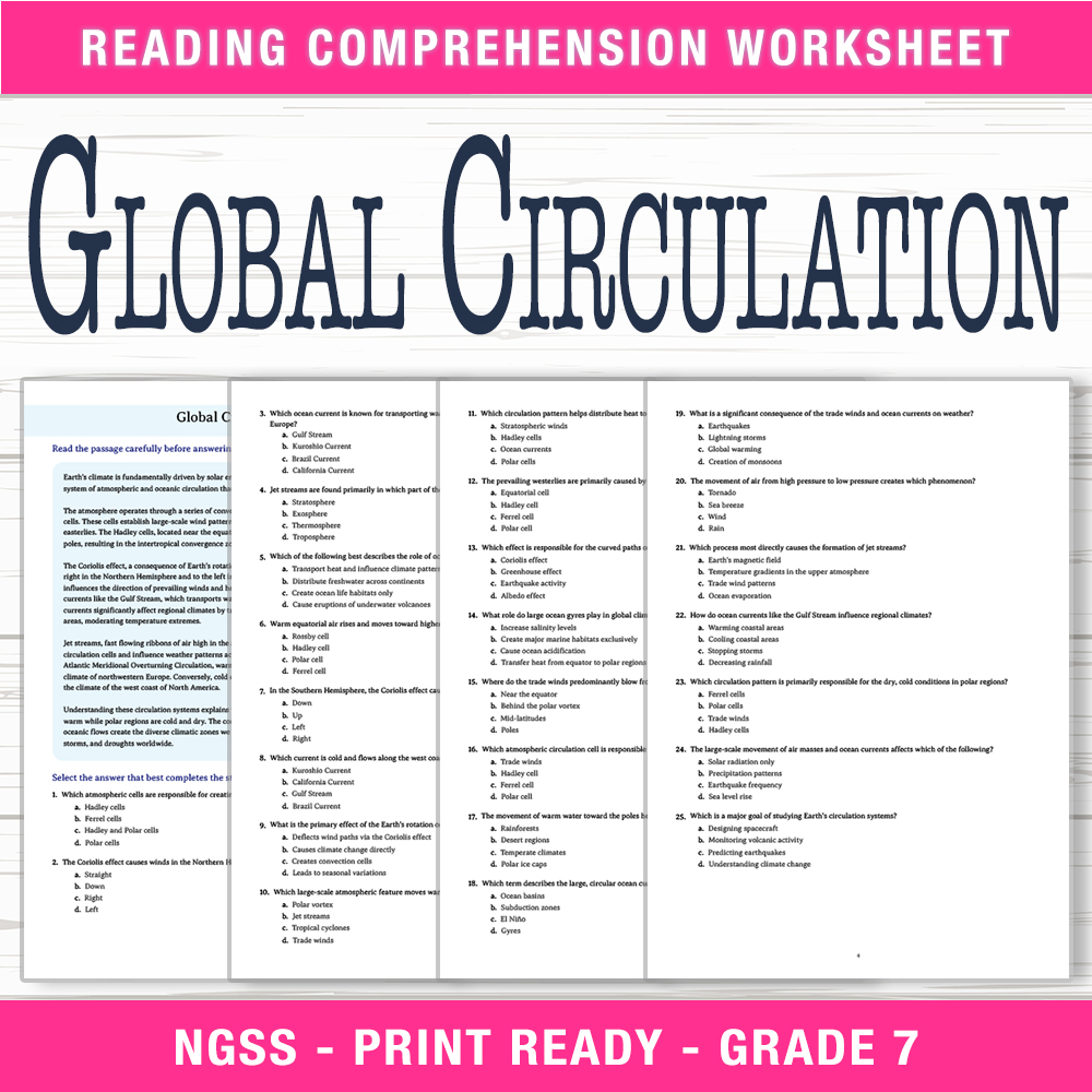 Grade 7 Science worksheet worksheet — Grade 7 Science | Global Circulation Worksheet (PDF + Answer Key) — page 1