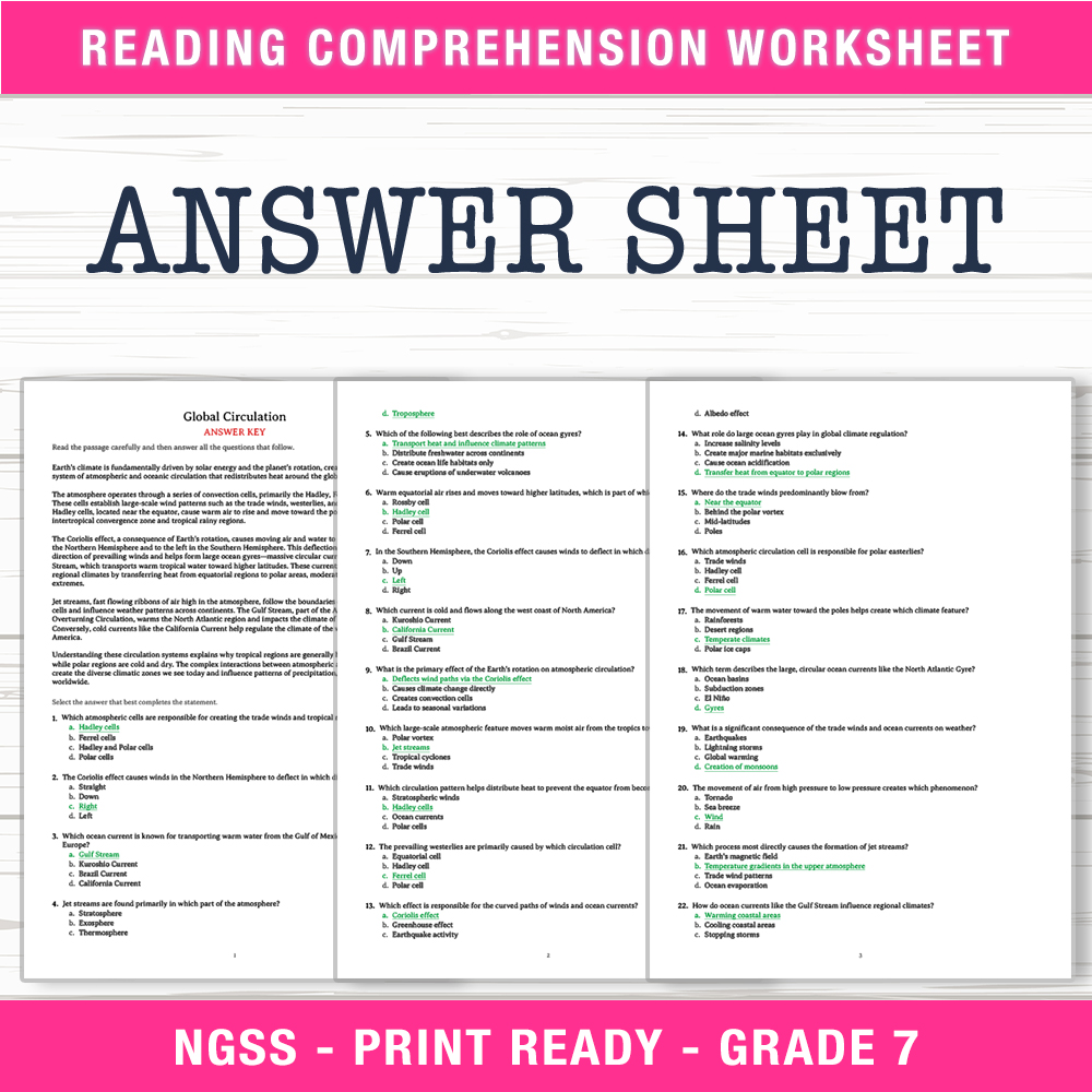Grade 7 Science worksheet worksheet — Grade 7 Science | Global Circulation Worksheet (PDF + Answer Key) — page 2