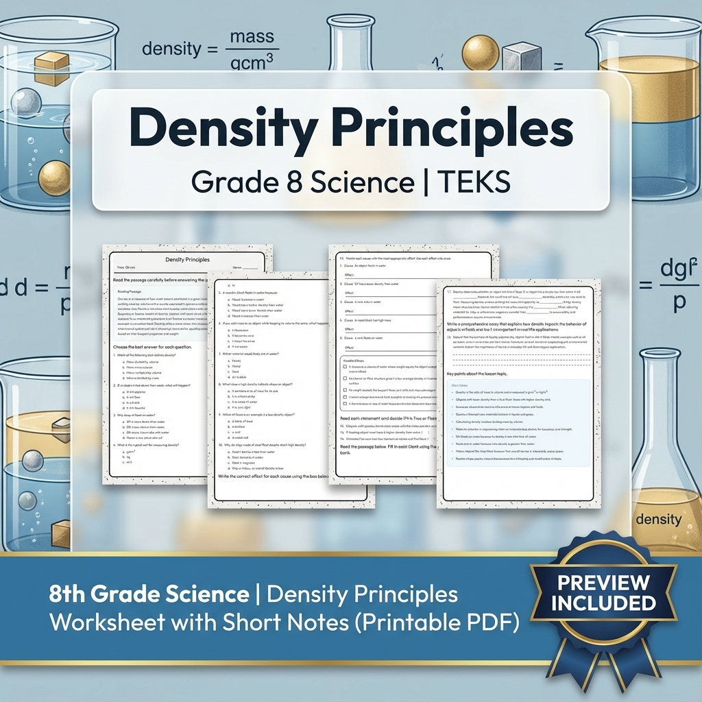 8th Grade Science Density Principles Worksheet with Short Notes (Printable PDF)