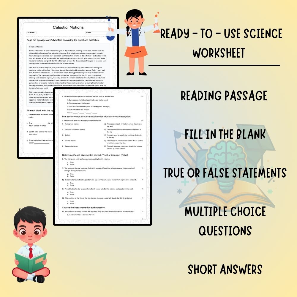 Grade 9 Science worksheet worksheet — Grade 9 Science | Celestial Motions Worksheet – Earth's Rotation & Phases (PDF) — pa…