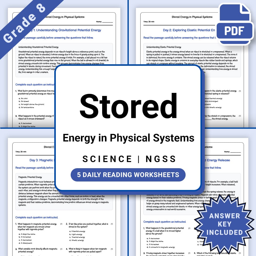 Grade 8 Science daily reading worksheet worksheet — Grade 8 Science – Stored Energy in Physical Systems Worksheet(PDF + An…